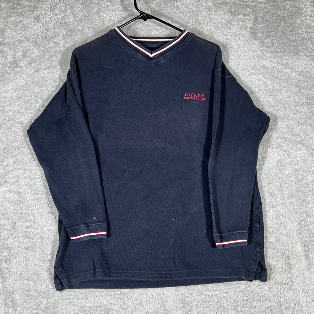 Vintage Chaps Ralph Lauren Mens Navy Ribbed V-Neck Pullover Sweater Large
